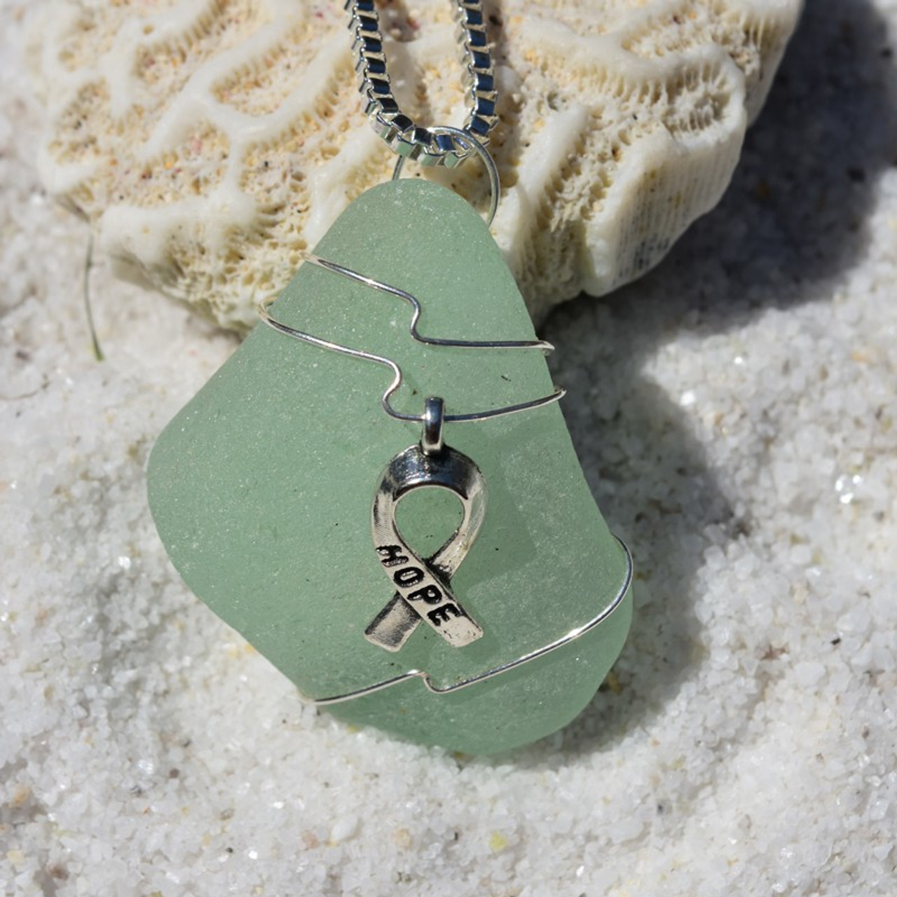 Hope Ribbon Charm on a Sea Glass Pendant and Necklace - Choose the ...