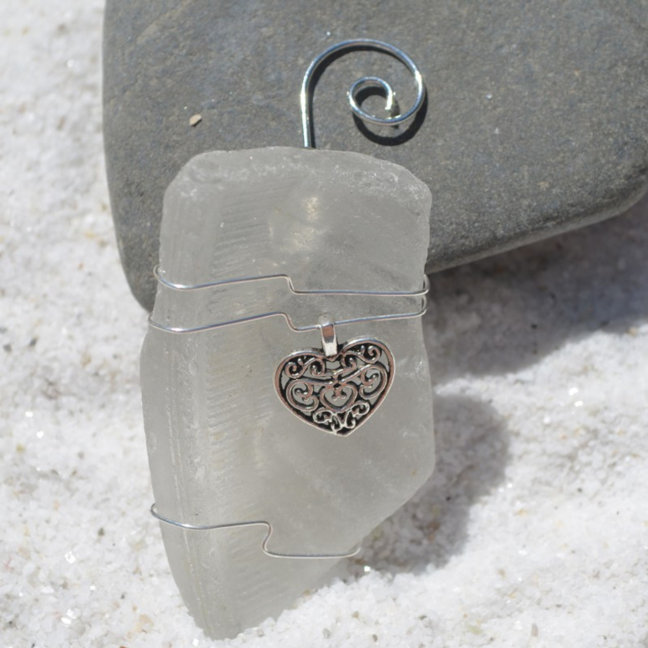 Surf Tumbled Sea Glass Heart Ornament - Choose Your Color Sea Glass Frosted, Green, and Brown - Made to Order