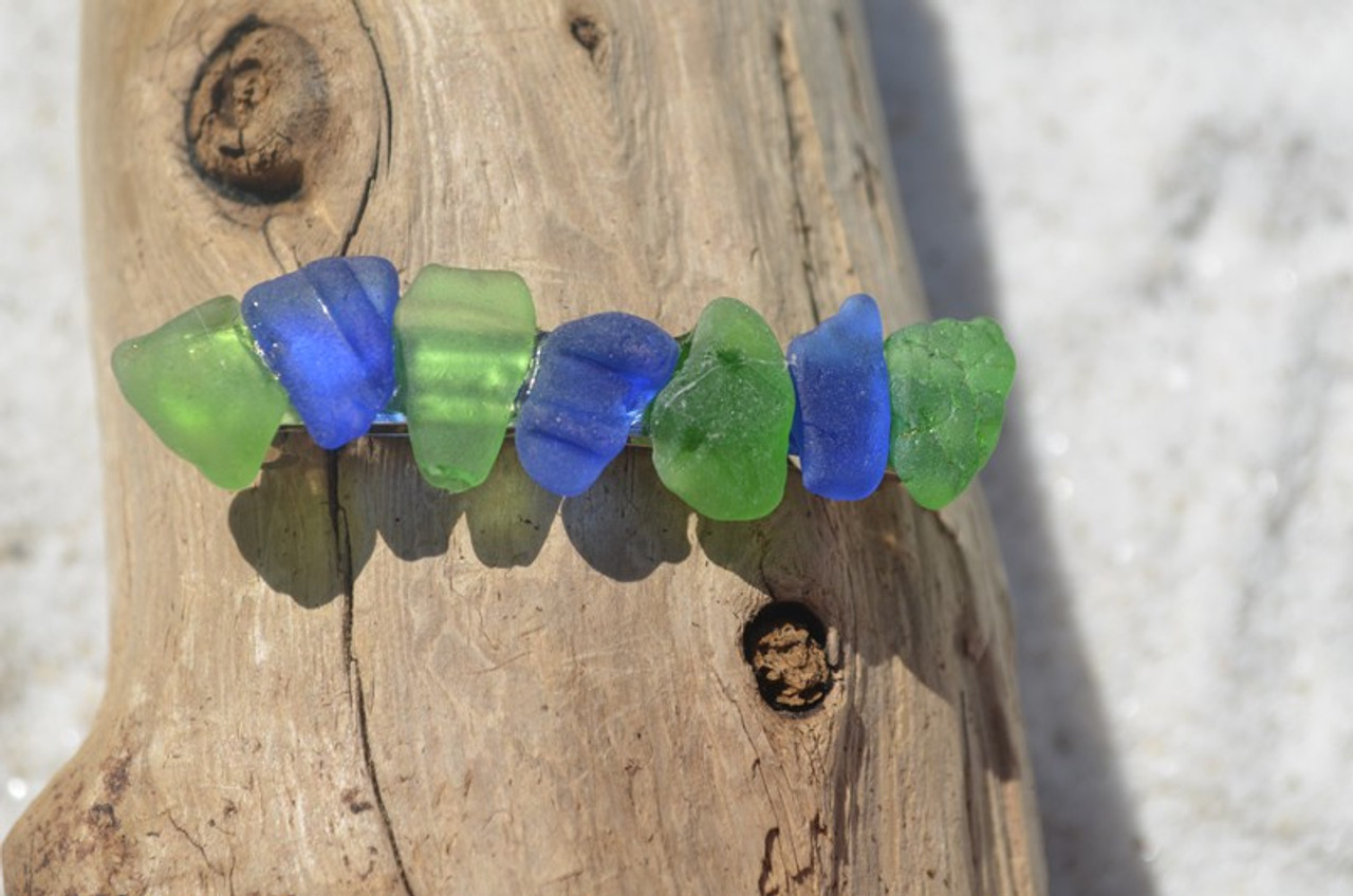 Genuine Surf Tumbled Green and Cobalt Blue Sea Glass French Barrette - 60  mm - Made to Order