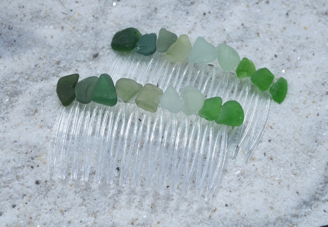 Green and Aqua Surf Tumbled Sea Glass Hair Combs