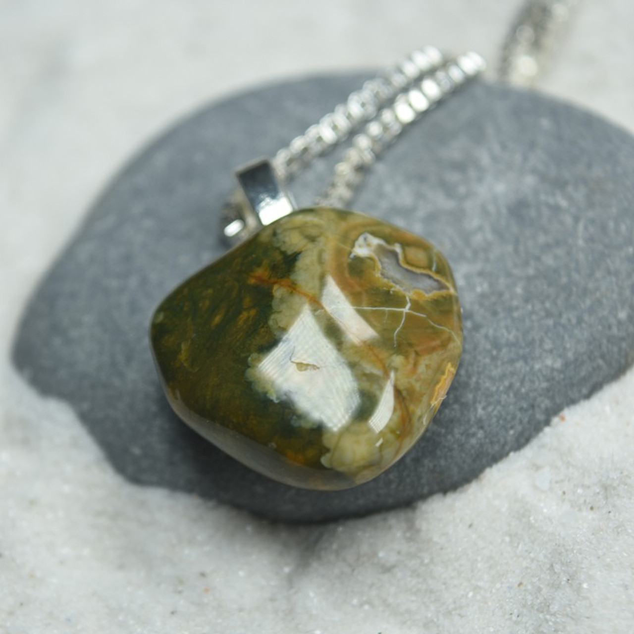 Tumbled Rhyolite Stone Necklace - Choose Sterling Silver Chain or Leather Cord - Quantity of 1 - Made to Order