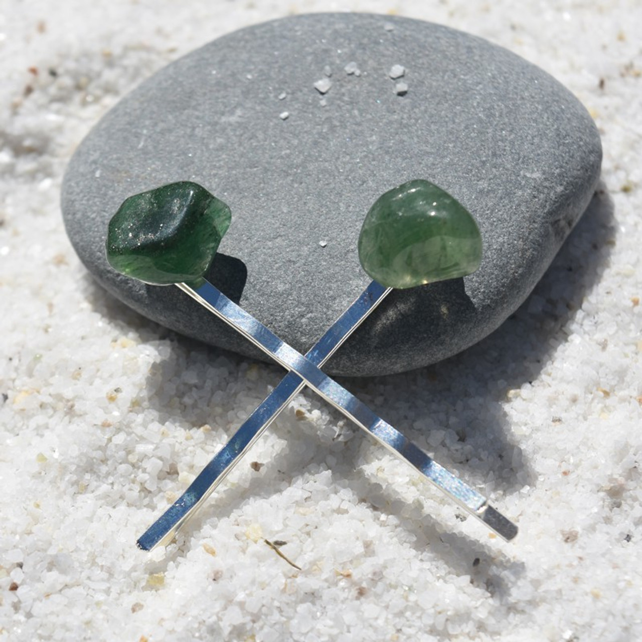 Tumbled Green Quartz Stone Hair Pins