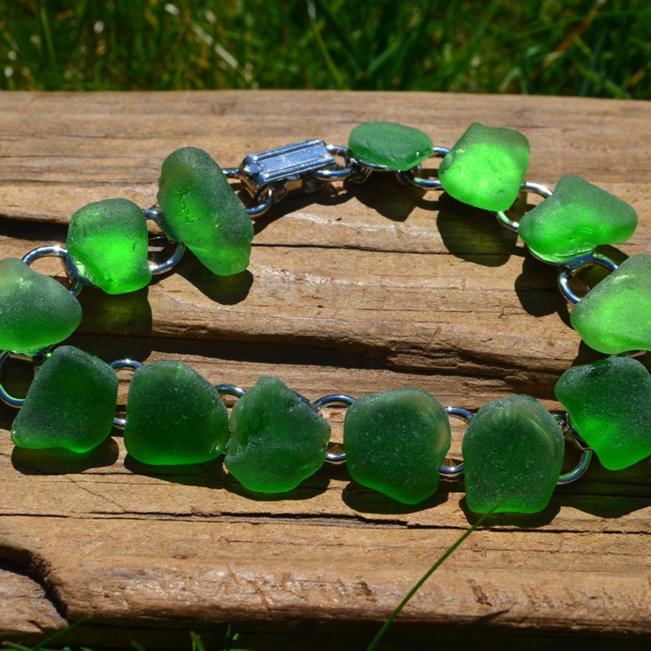 Kelly Green Surf Tumbled Sea Glass Charm Bracelet - Made to Order