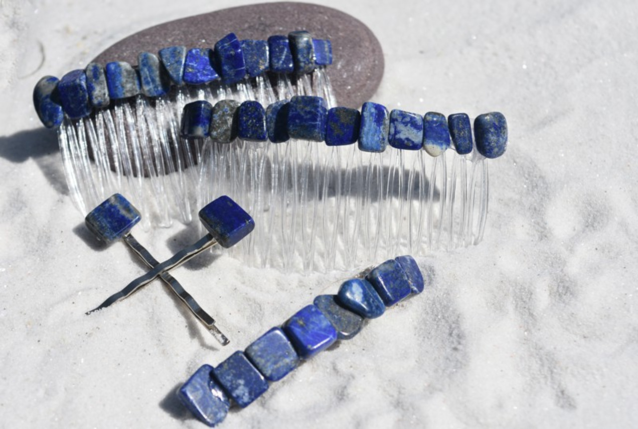 Lapis Lauzli Stone Hair Clip Set - Includes 2 Hair Combs, 1 60 mm French Barrette, 2 Hair Pins - Made to Order