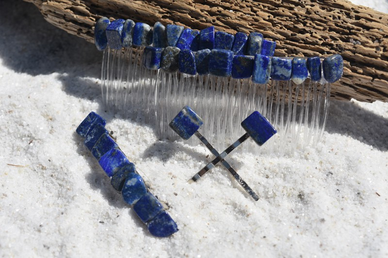 Lapis Lazuli Stone Hair Clip Set - 2 Hair Combs, 1 French Barrette