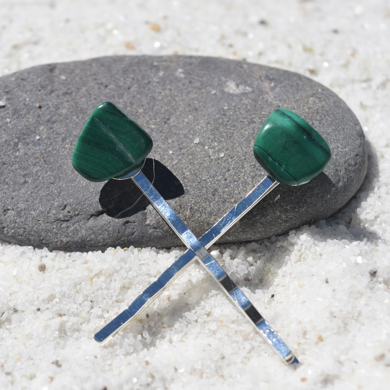 Tumbled Malachite Stone Hair Pins