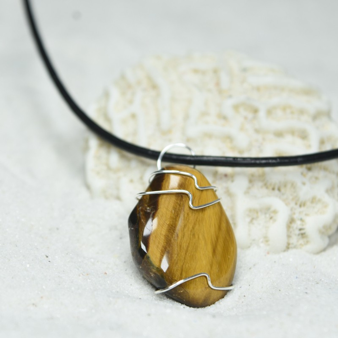 Gold Tiger's Eye Stone Wire Wrapped Necklace 