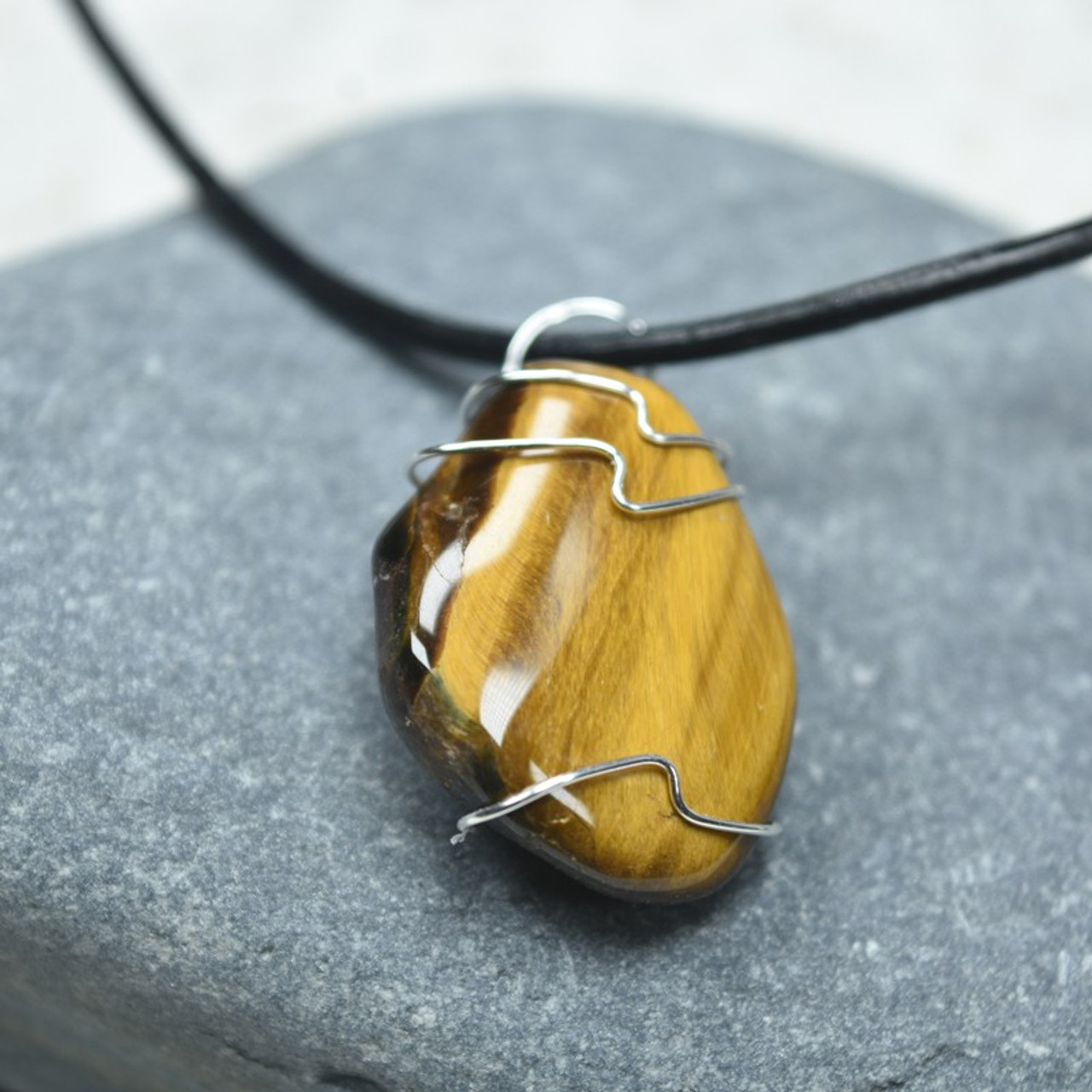 Gold Tiger's Eye Stone Wire Wrapped Necklace 
