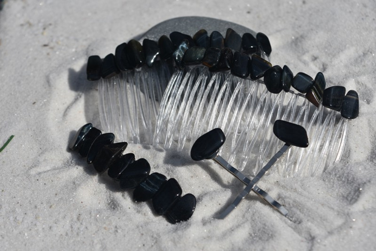 Tumbled Blue Tiger's Eye Stone Hair Clip Set