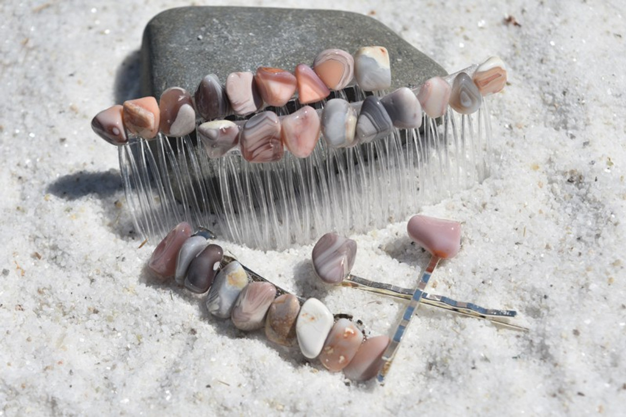 Pink Botswana Agate Stone Hair Clip Set 