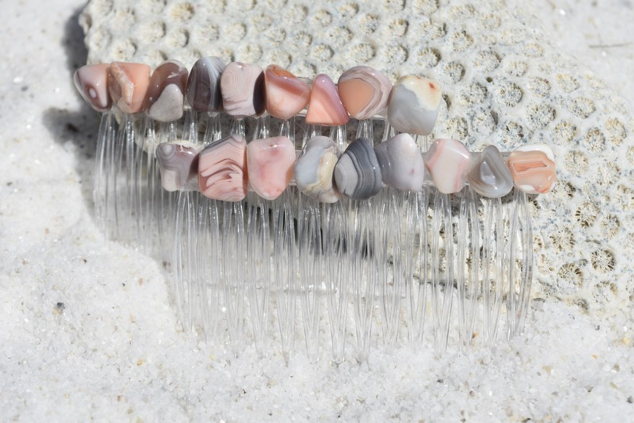 Pink Botswana Agate Stone Hair Combs