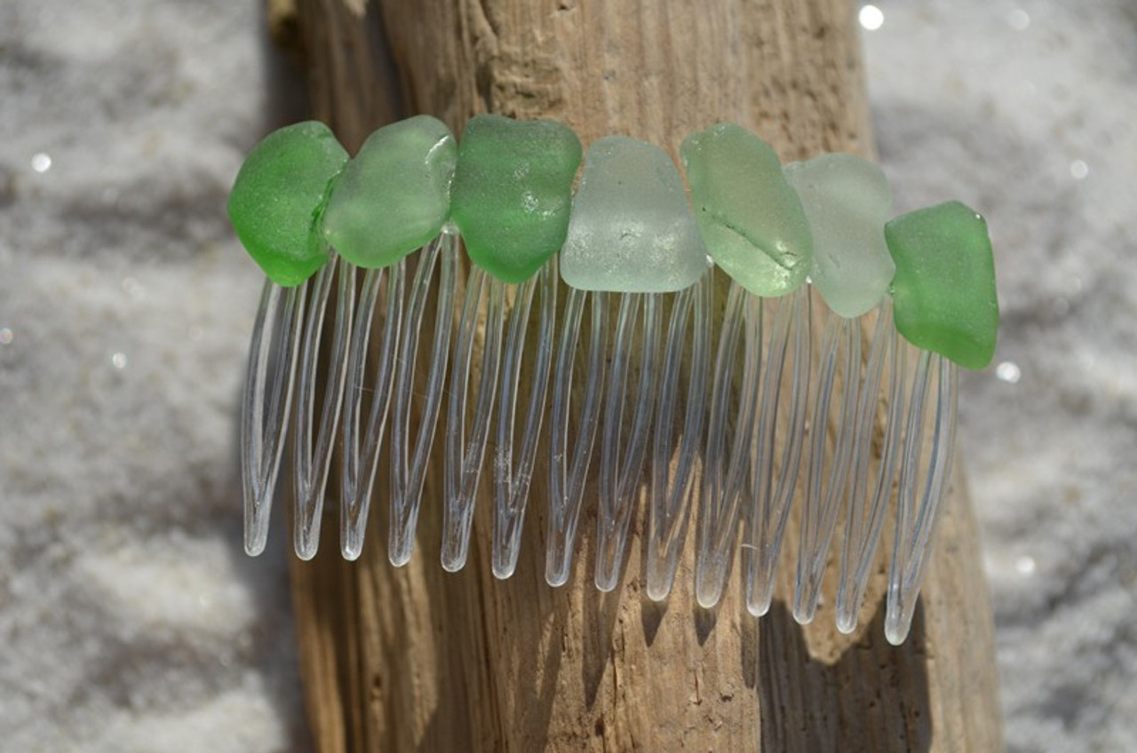 Surf Tumbled Shades of Green Sea Glass Hair Comb