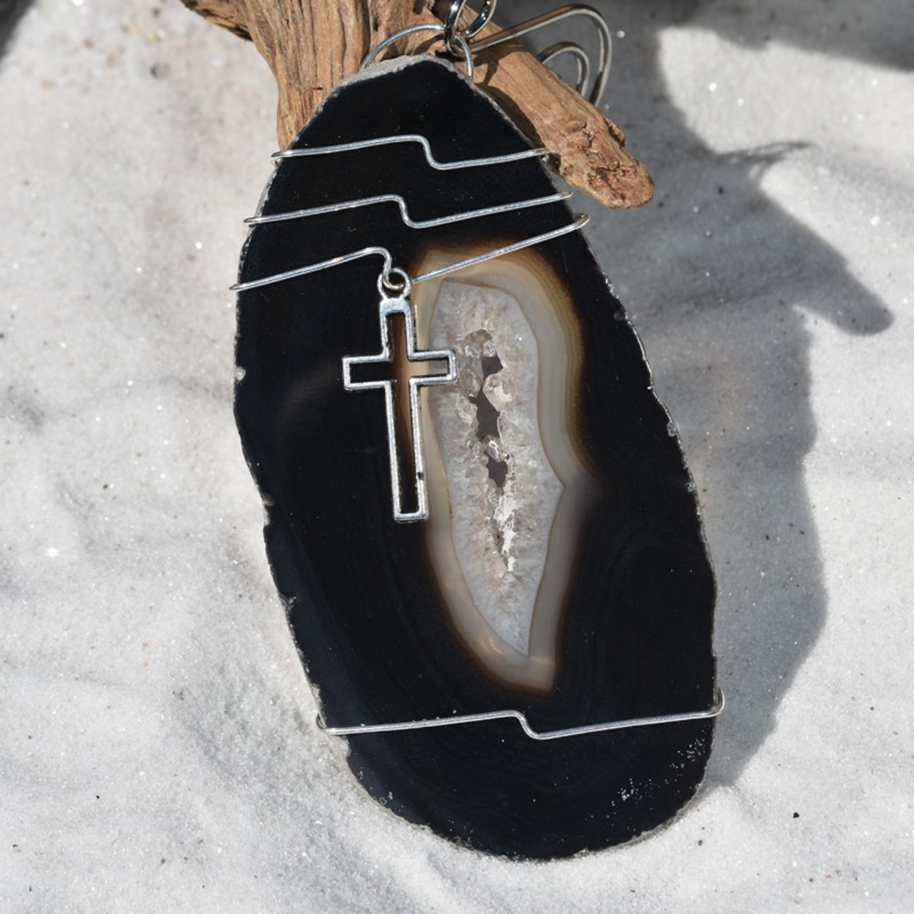 Custom Handmade Agate Slice Ornament with Silver Cross Charm - Choose Your Agate Slice Color