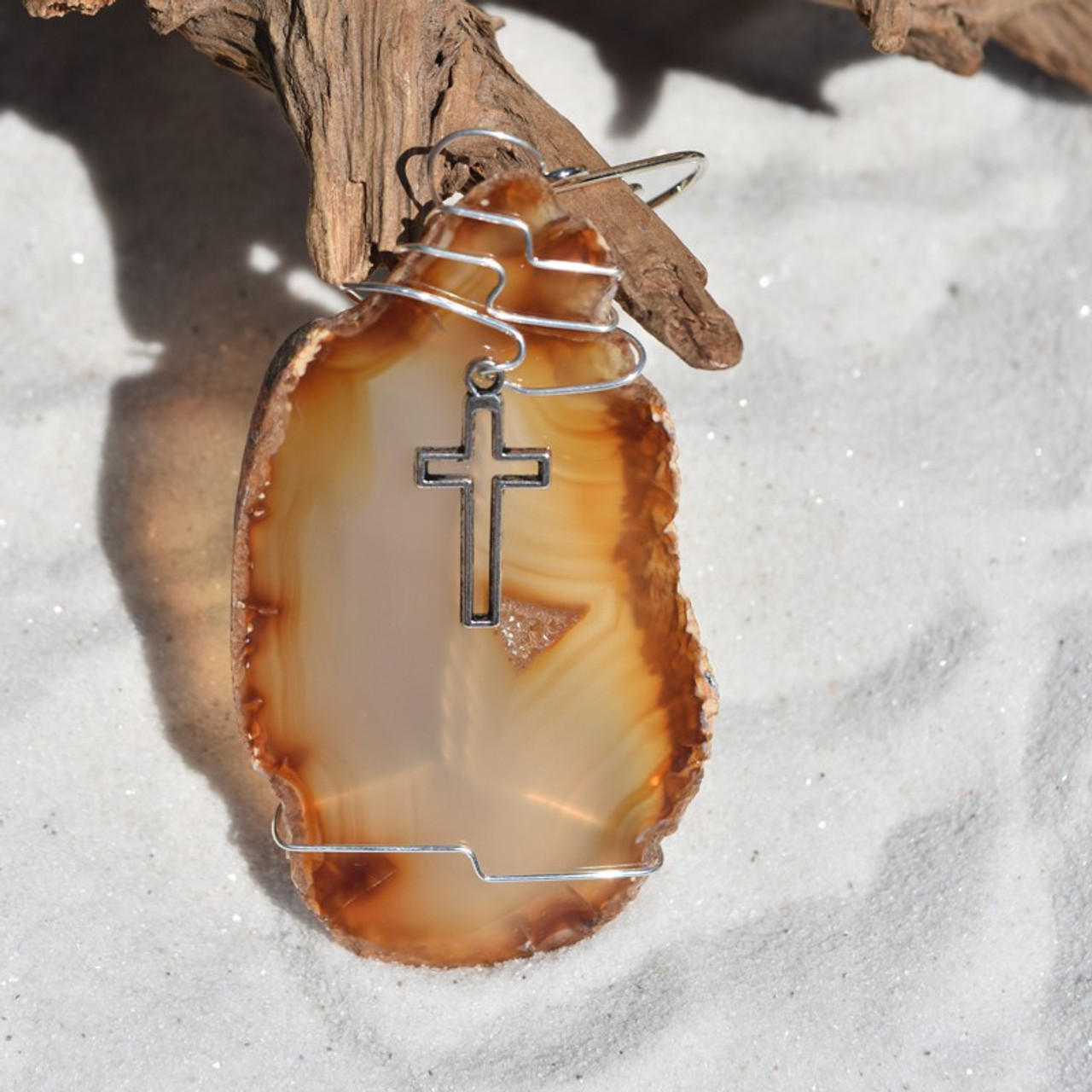 Custom Handmade Agate Slice Ornament with Silver Cross Charm - Choose Your Agate Slice Color