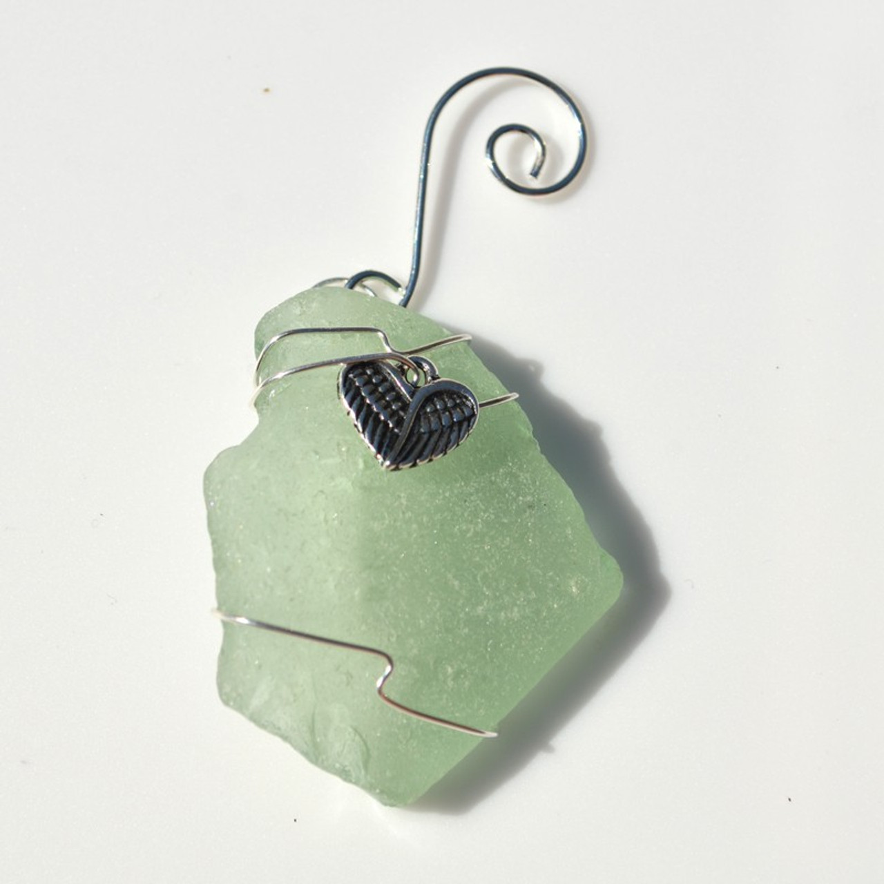 Surf Tumbled Sea Glass Heart Angel Wings Ornament - Choose Your Color Sea Glass Frosted,  Green, and Brown - Made to Order