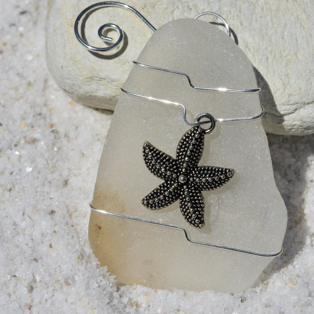Starfish on a Surf Tumbled Sea Glass Ornament - Choose Your Color Sea Glass Frosted, Green, and Brown - Made to Order