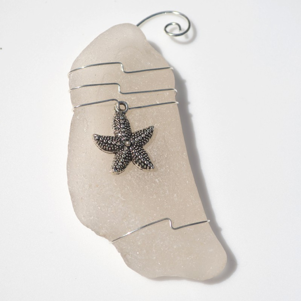 Starfish on a Surf Tumbled Sea Glass Ornament - Choose Your Color Sea Glass Frosted, Green, and Brown - Made to Order