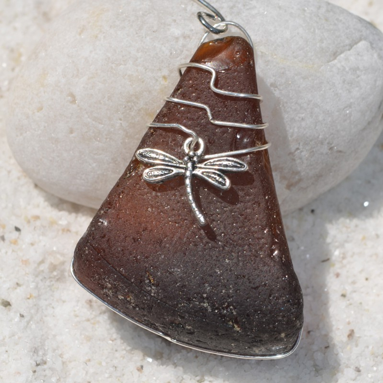 Dragonfly on a  Surf Tumbled Sea Glass Ornament - Choose Your Color Sea Glass Frosted, Green, and Brown - Made to Order