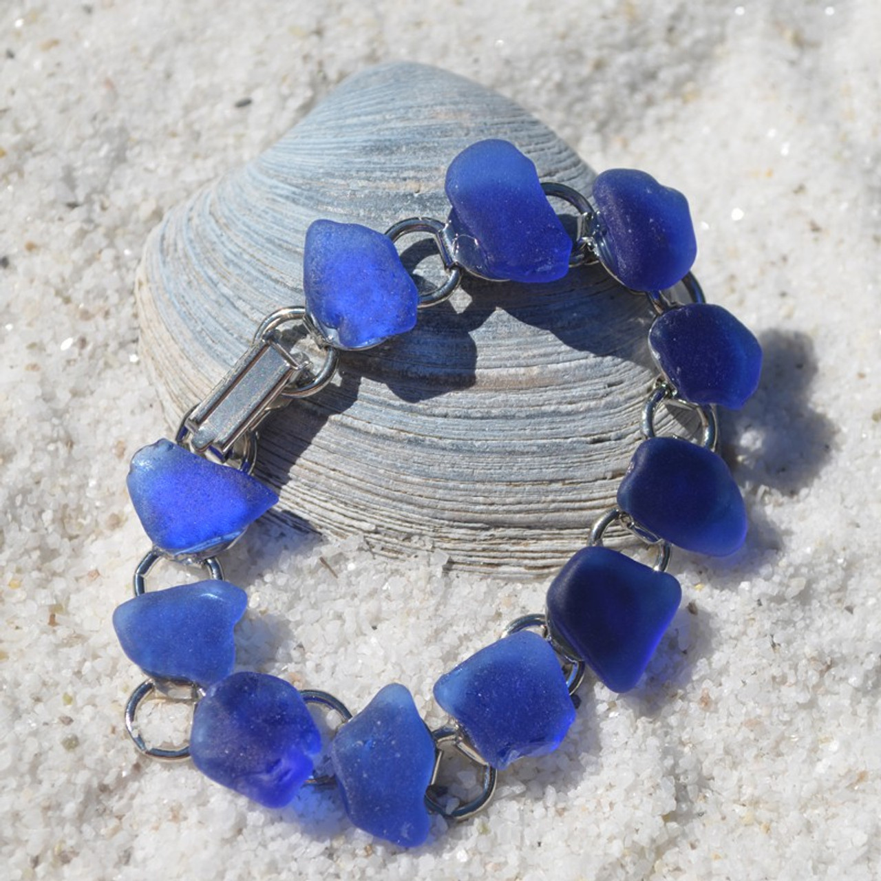 Blue Surf Tumbled Sea Glass Bracelet - Made to Order