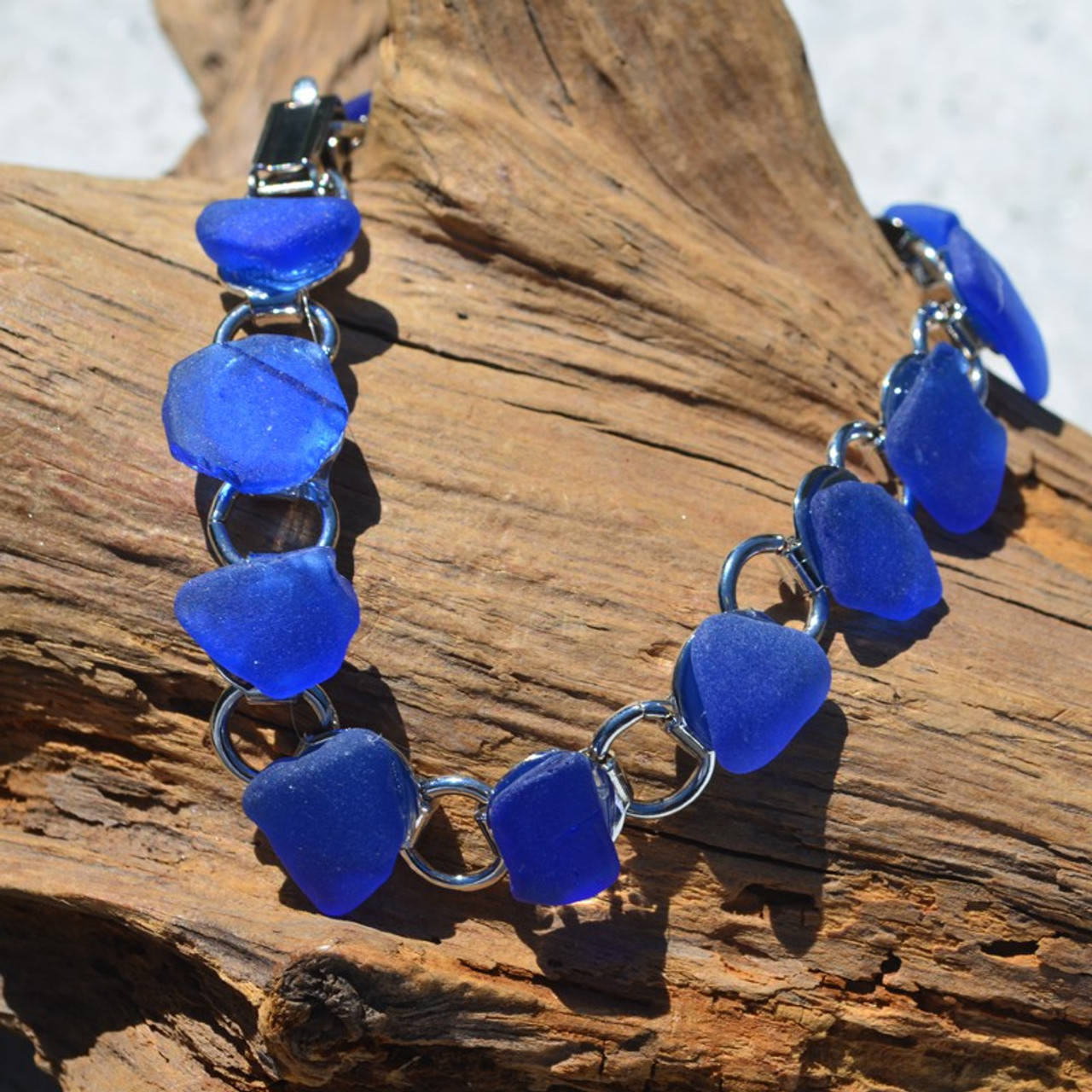 Genuine Surf Tumbled Blue Sea Glass Bracelet