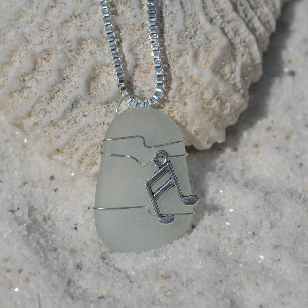 Custom Handmade Genuine Sea Glass Necklace with a Silver Musical Note Charm - Choose the Color - Frosted, Green, Brown, or Aqua