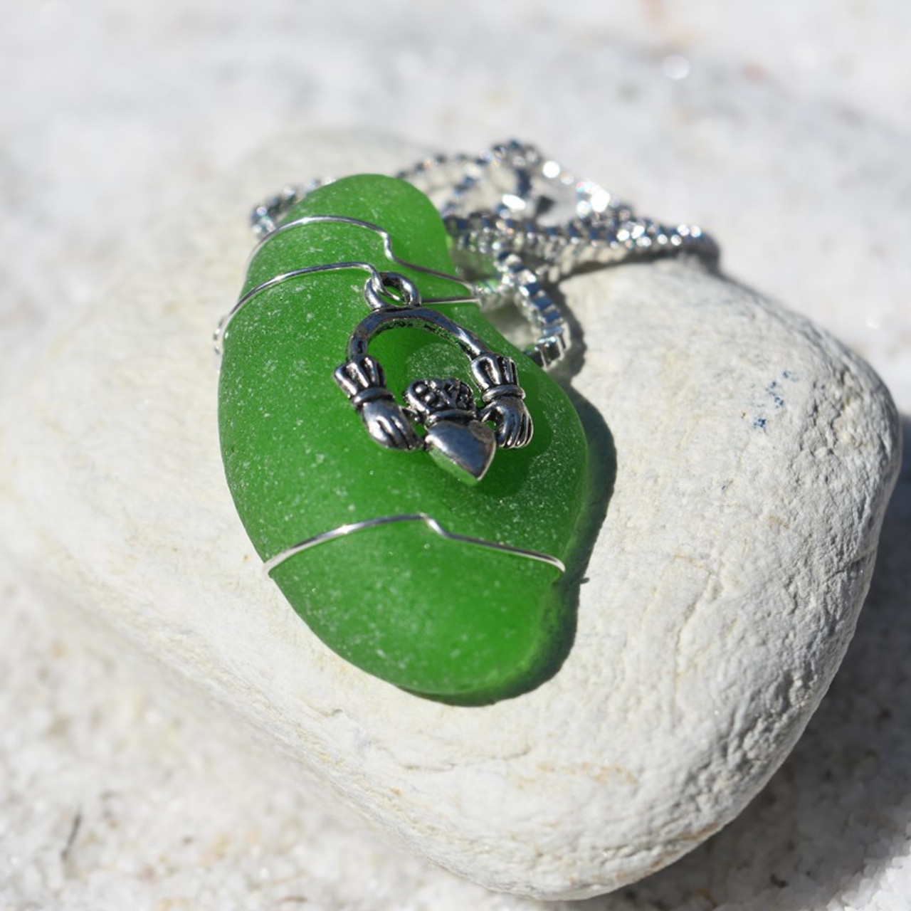 Custom Handmade Genuine Sea Glass Necklace with a Silver Claddagh Charm - Choose the Color - Frosted, Green, Brown, or Aqua