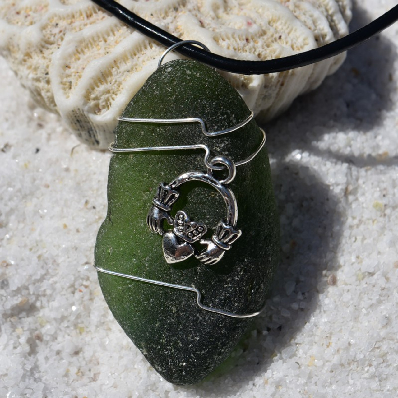 Custom Handmade Genuine Sea Glass Necklace with a Silver Claddagh Charm - Choose the Color - Frosted, Green, Brown, or Aqua