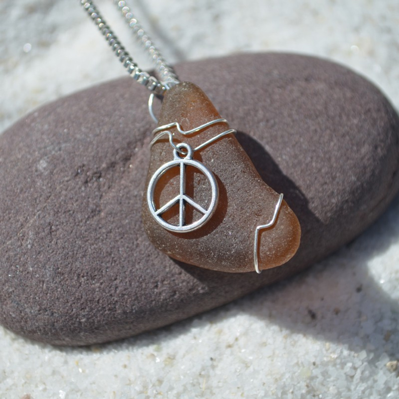 Custom Handmade Genuine Sea Glass Necklace with a Silver Peace Symbol Charm - Choose the Color - Frosted, Green, Brown, or Aqua