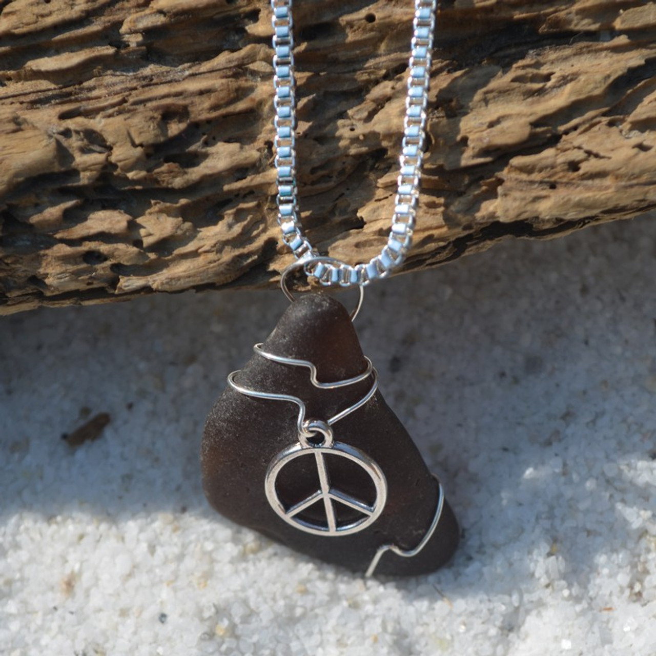 Custom Handmade Genuine Sea Glass Necklace with a Silver Peace Symbol Charm - Choose the Color - Frosted, Green, Brown, or Aqua