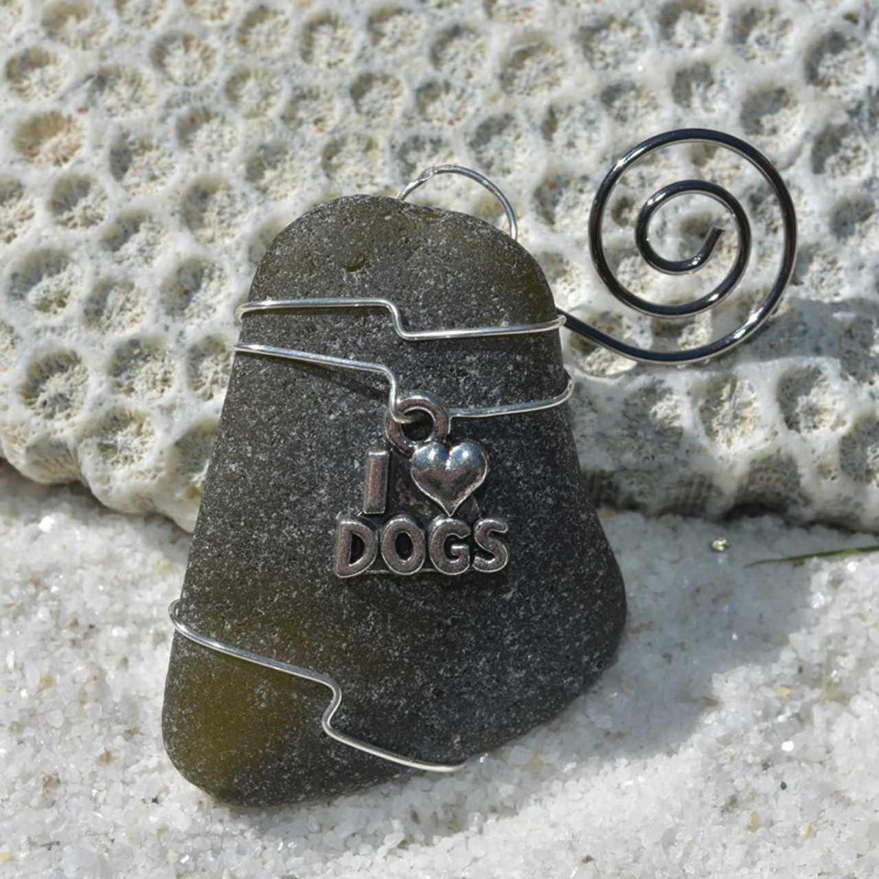 I Love Dogs on a Surf Tumbled Sea Glass Ornament - Choose Your Color Sea Glass Frosted, Green, and Brown - Made to Order.