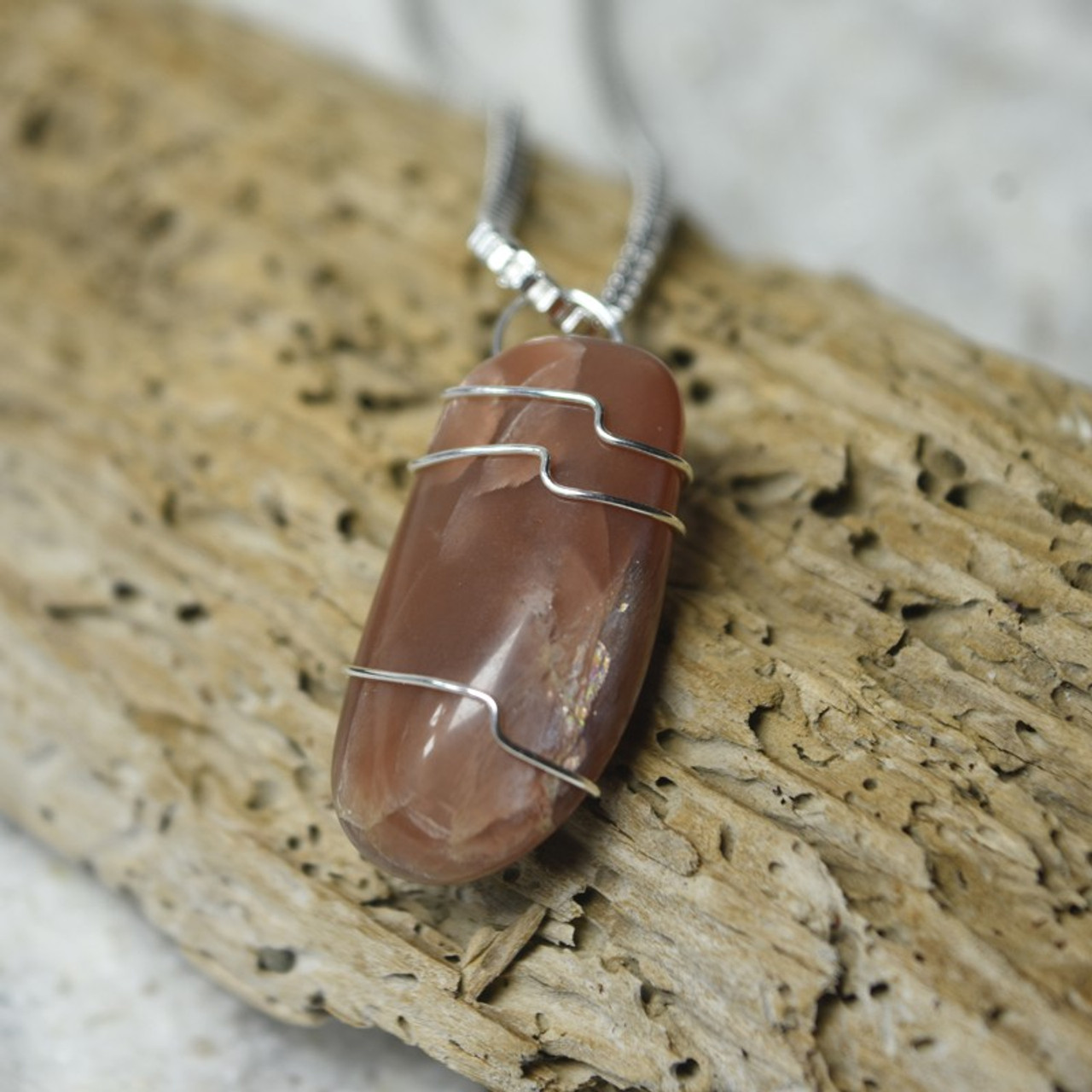 Custom Tumbled Peach Moonstone Wire Wrapped Necklace - Choose Sterling Silver Chain or Leather Cord - Quantity of 1