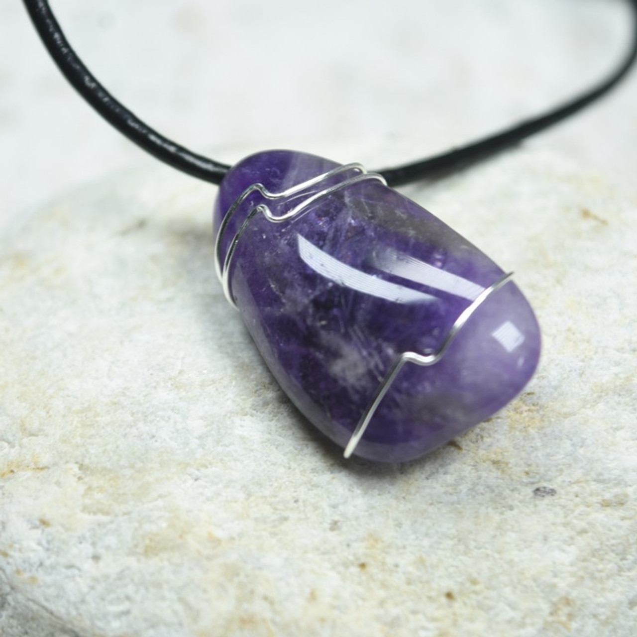Custom Tumbled Amethyst Stone Wire Wrapped Necklace - Choose Sterling Silver Chain or Leather Cord - Quantity of 1