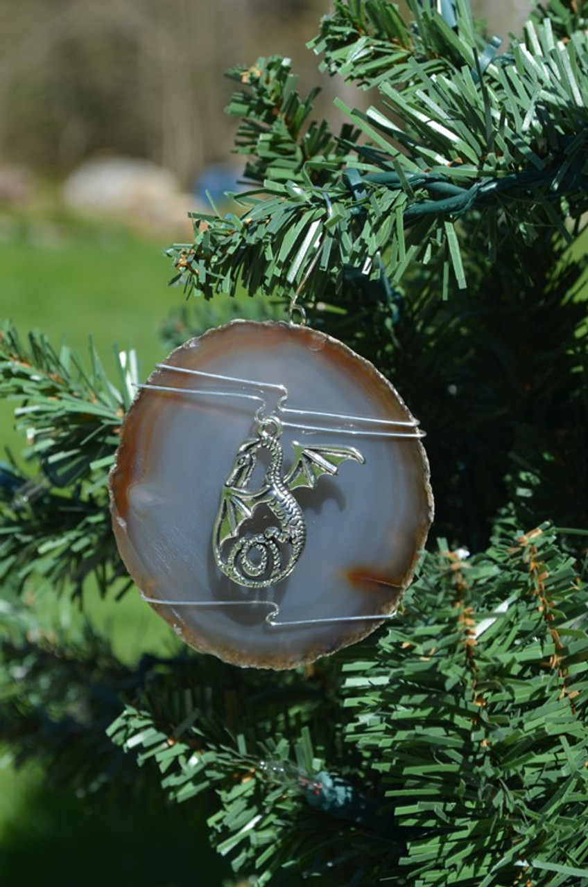 Custom Handmade Agate Slice Ornament with Silver Dragon Charm - Choose Your Agate Slice Color