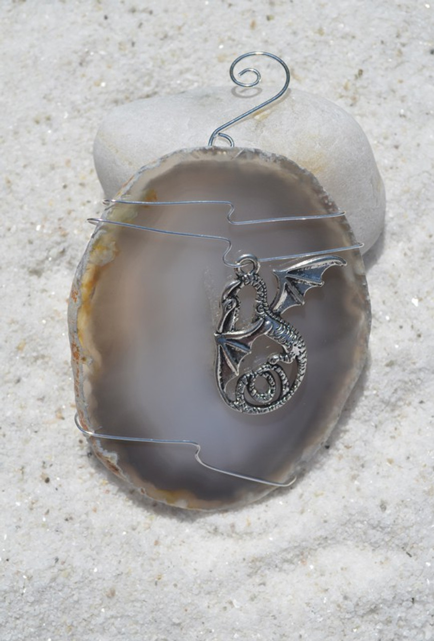 Custom Handmade Agate Slice Ornament with Silver Dragon Charm - Choose Your Agate Slice Color