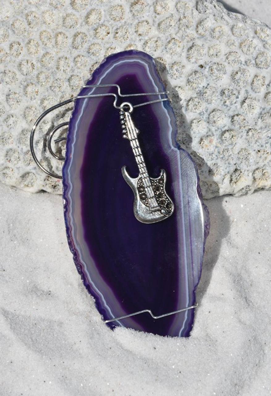 Handmade Agate Slice Ornament with Silver Guitar Charm - Choose Your Agate Slice Color-  Made to Order