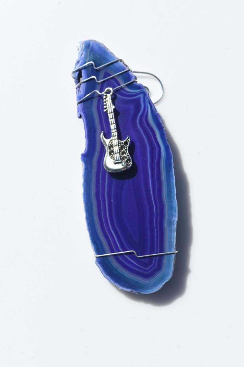 Handmade Agate Slice Ornament with Silver Guitar Charm - Choose Your Agate Slice Color-  Made to Order