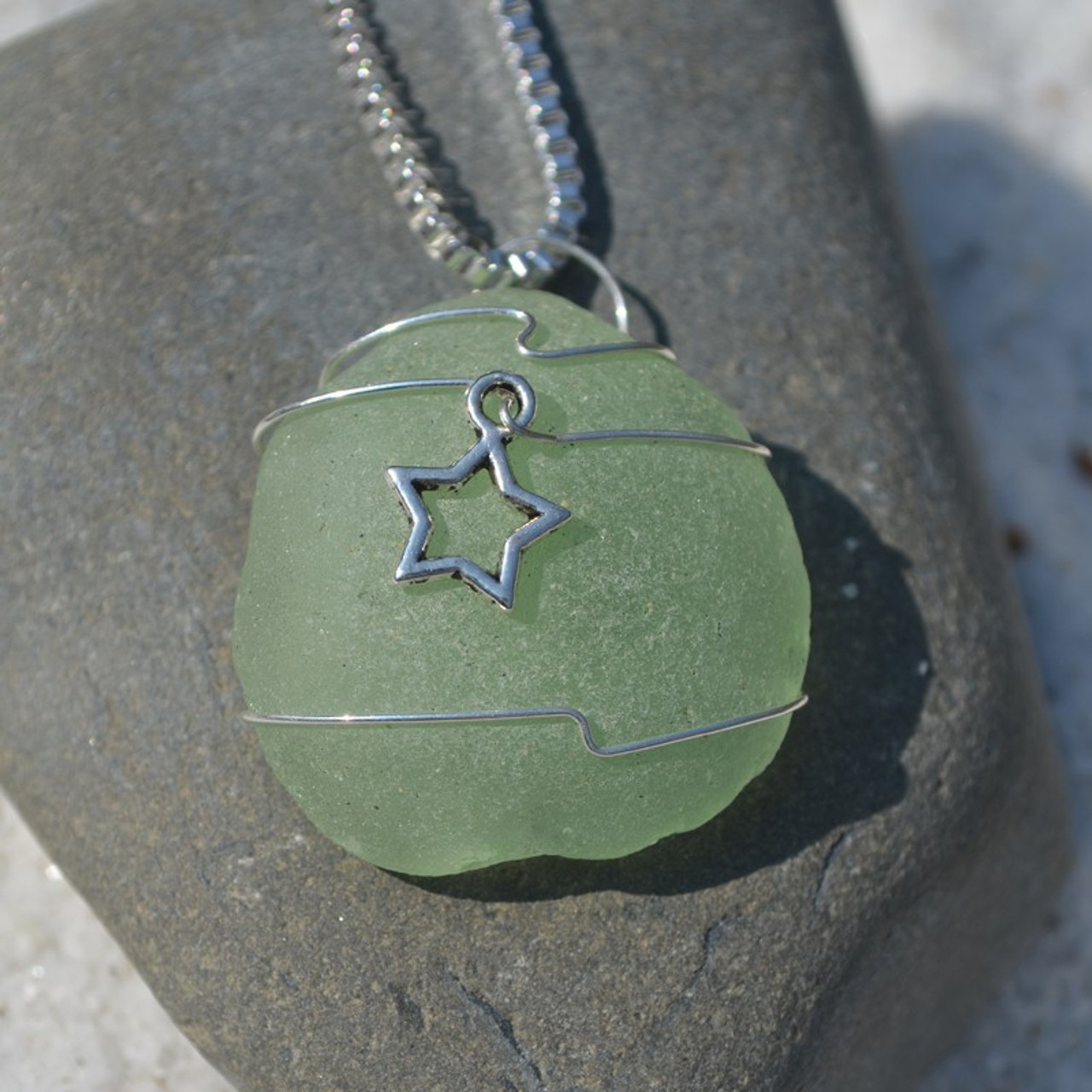 Custom Handmade Genuine Sea Glass Necklace with a Silver Star Charm - Choose the Color - Frosted, Green, Brown, or Aqua-1