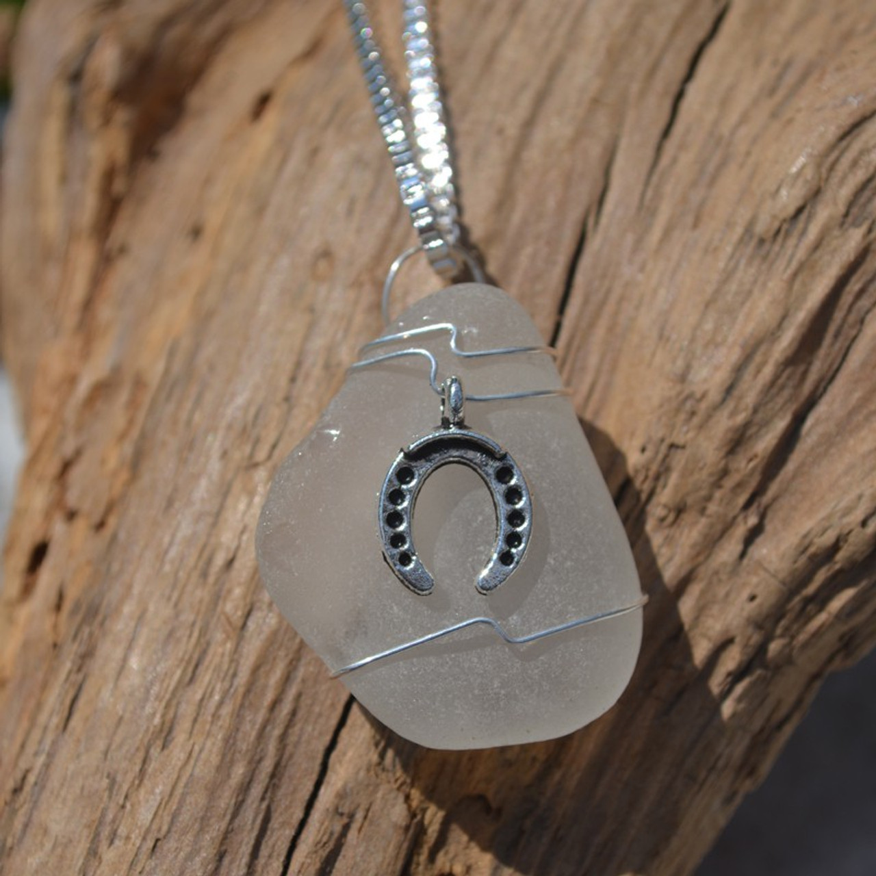 Custom Handmade Genuine Sea Glass Necklace with a Silver Horseshoe Charm - Choose the Color - Frosted, Green, Brown, or Aqua