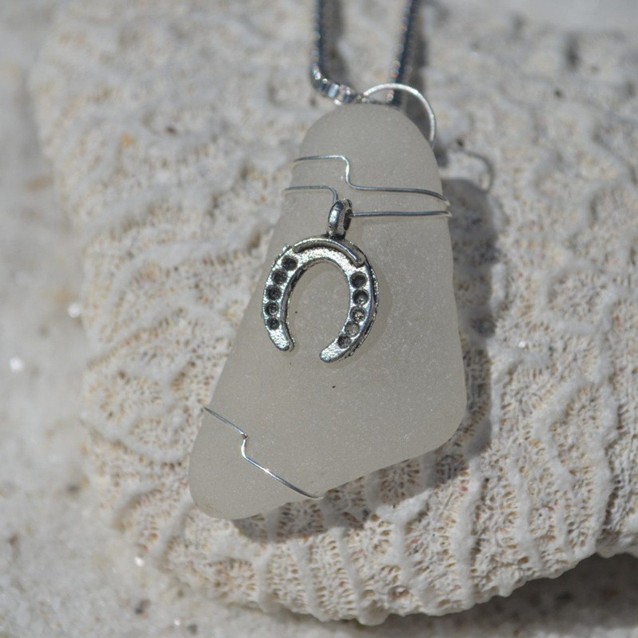 Custom Handmade Genuine Sea Glass Necklace with a Silver Horseshoe Charm - Choose the Color - Frosted, Green, Brown, or Aqua