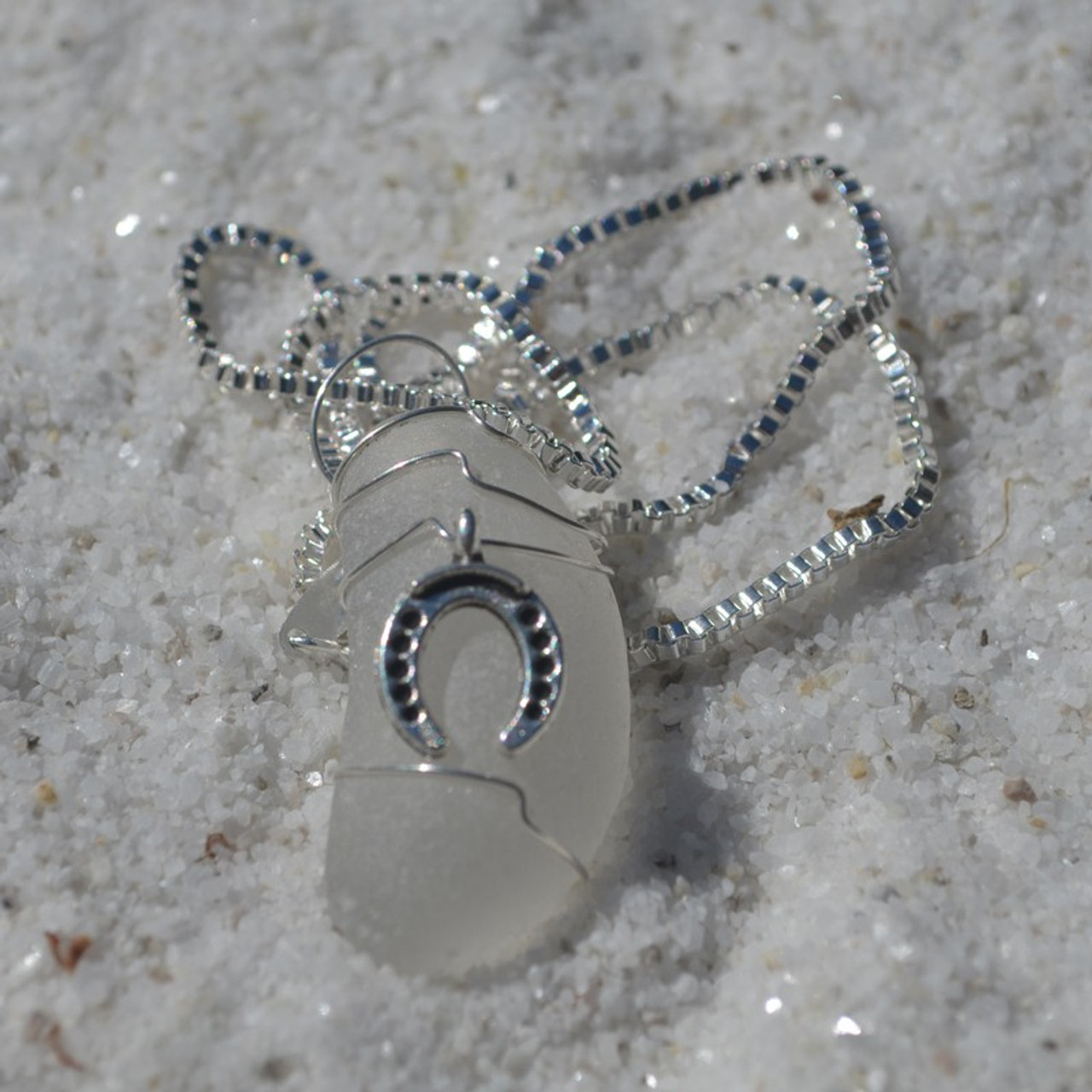 Custom Handmade Genuine Sea Glass Necklace with a Silver Horseshoe Charm - Choose the Color - Frosted, Green, Brown, or Aqua