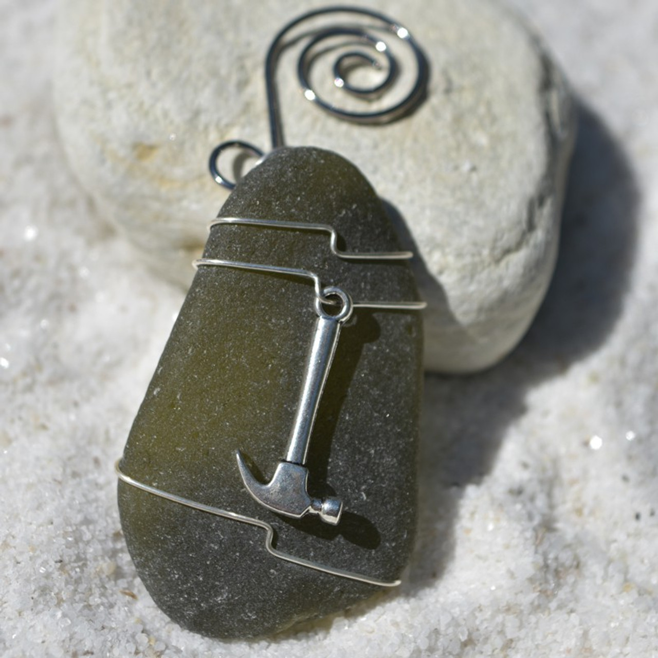 Hammer on a Surf Tumbled Sea Glass Ornament for Construction Worker, Contractor, Handyman or Woodworker  - Choose Your Color Sea Glass Frosted, Green, and Brown - Made to Order