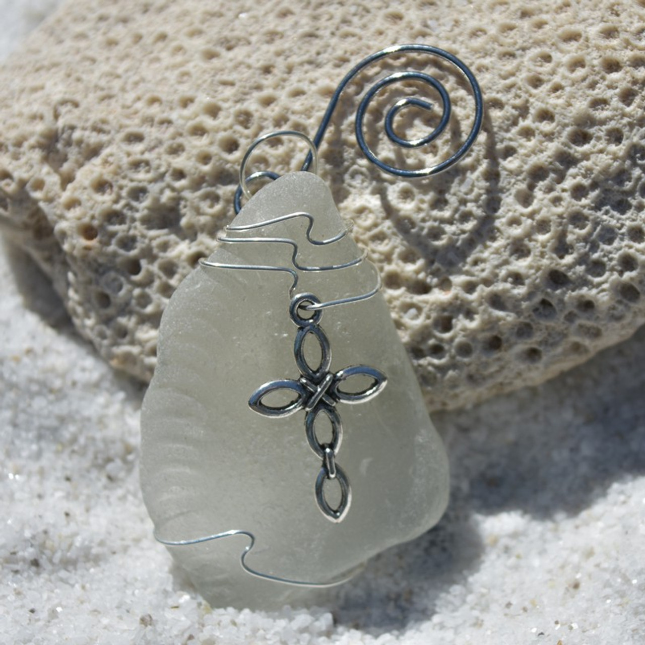 Ornate Silver Cross on a Surf Tumbled Sea Glass Ornament - Choose Your Color Sea Glass Frosted, Green, and Brown - Made to Order