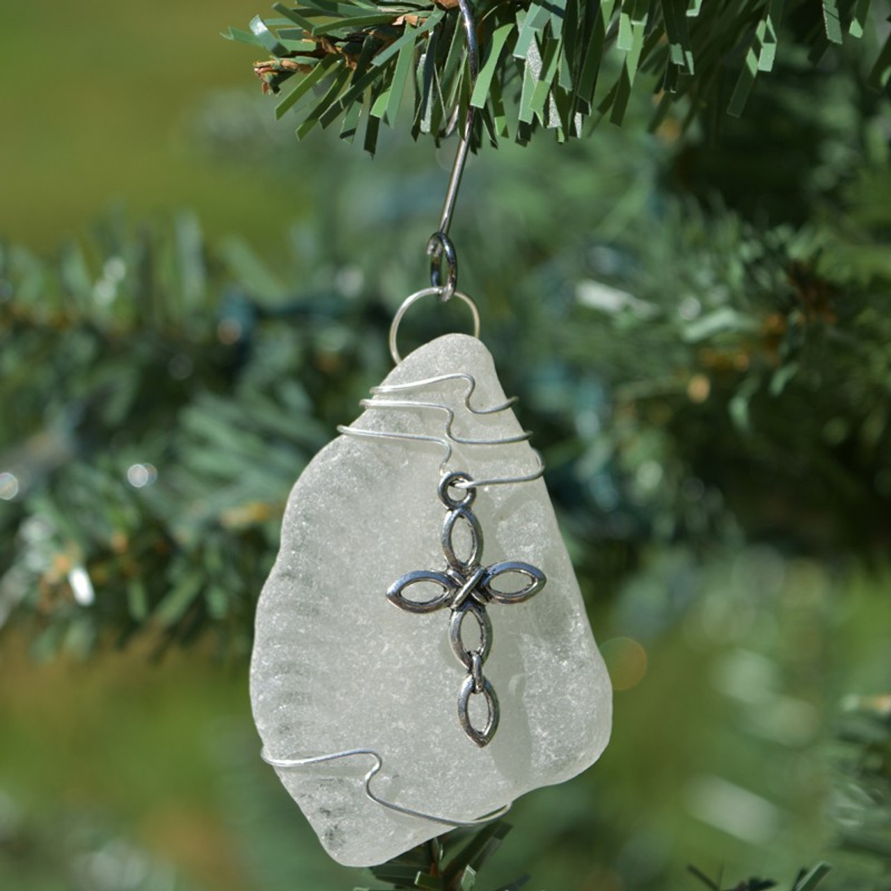 Ornate Silver Cross on a Surf Tumbled Sea Glass Ornament - Choose Your Color Sea Glass Frosted, Green, and Brown - Made to Order