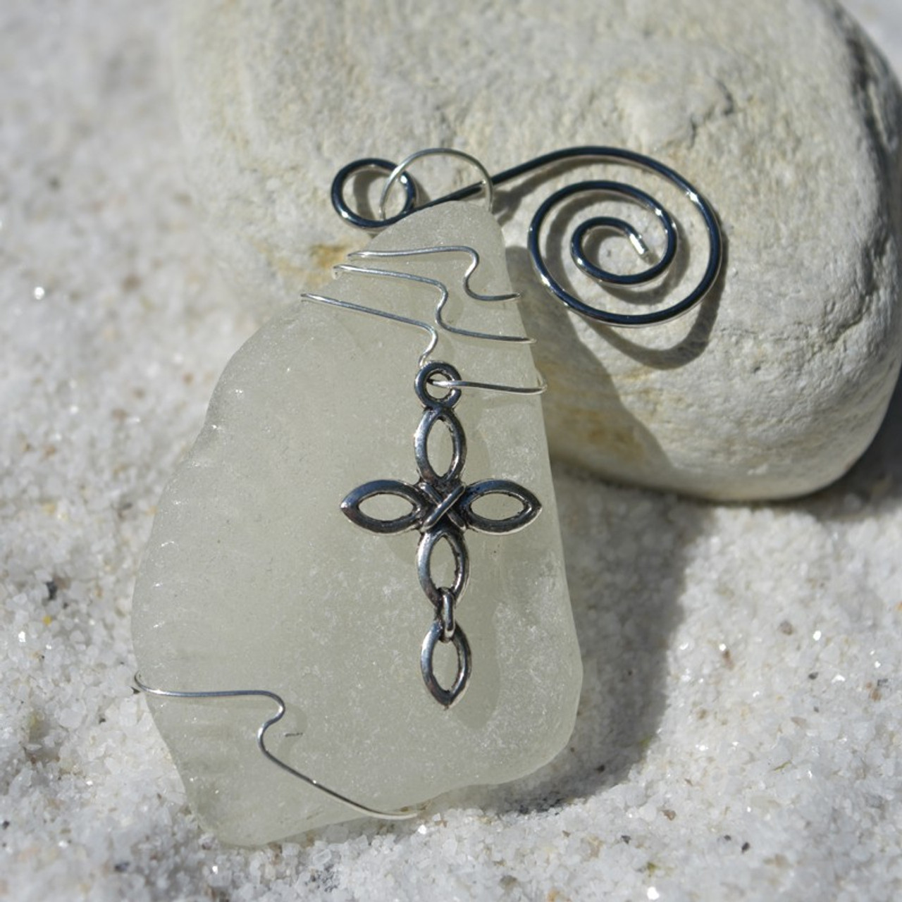 Ornate Silver Cross on a Surf Tumbled Sea Glass Ornament - Choose Your Color Sea Glass Frosted, Green, and Brown - Made to Order