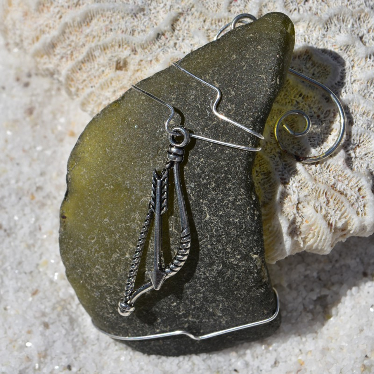 Bow and Arrow on a Surf Tumbled Sea Glass Ornament - Choose Your Color Sea Glass Frosted, Green, and Brown - Made to order