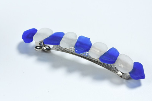 Genuine Surf Tumbled Blue and White Sea Glass French Barrette Hair Clip 4" or 100 mm Length - Quantity of 1