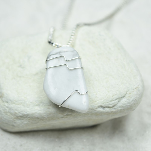 Custom Tumbled White Howlite Stone Necklace - Choose Sterling Silver Chain or Leather Cord - Quantity of 1