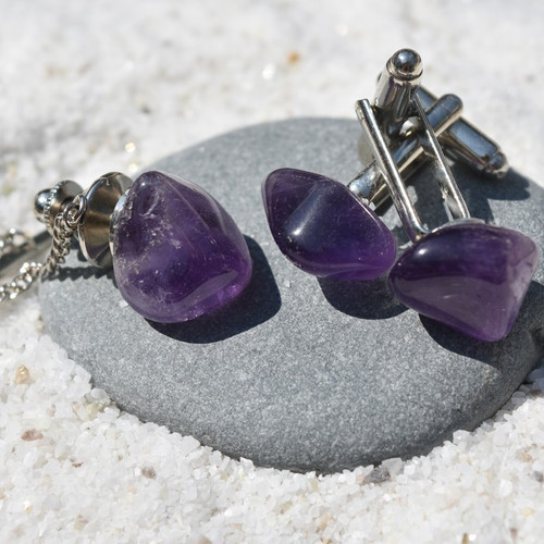 Tumbled Amethyst Stone Cufflinks and Tie Tack Set 