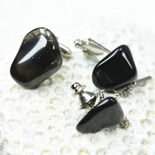 Apache Tears Stone Cufflinks and Tie Tack Set