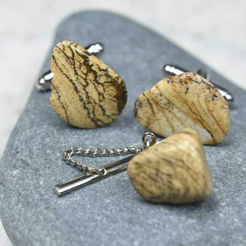 Picture Jasper Stone Cufflinks and Tie Tack Set